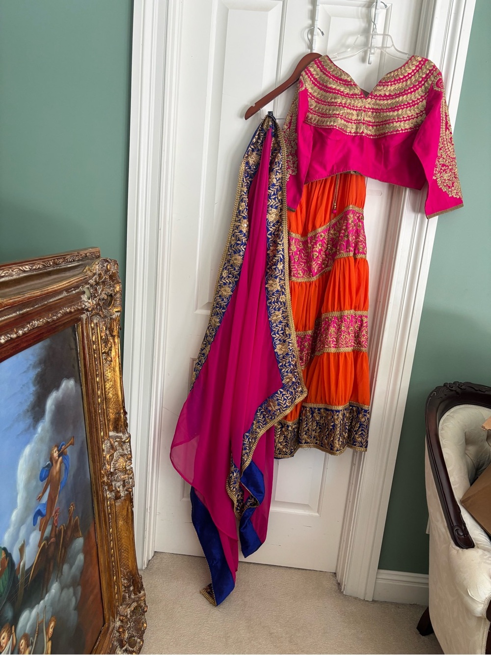 Pink and Orange Embroidered Women’s 3 piece Lehenga Skirt Set size LARGE
